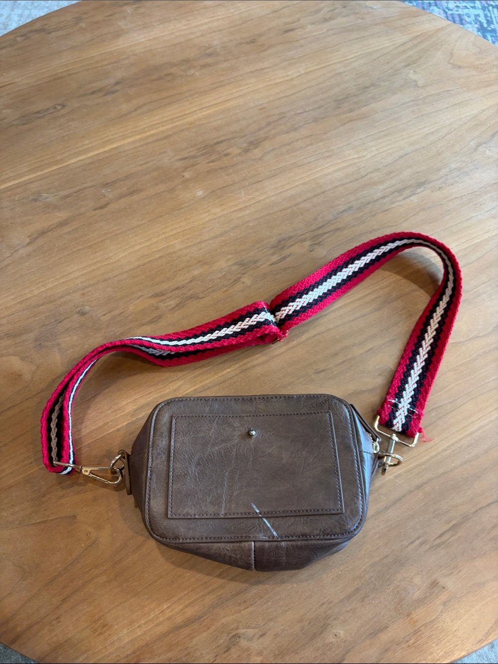 Brown Leather Crossbody Bag with Red & Black Strap